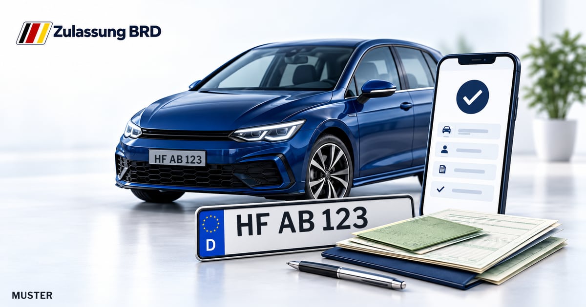 Online Fahrzeugzulassung in Kreis Herford: Musterkennzeichen HF AB 123, Auto und Fahrzeugpapiere und Smartphone. Illustration mit Logo von Zulassung BRD.